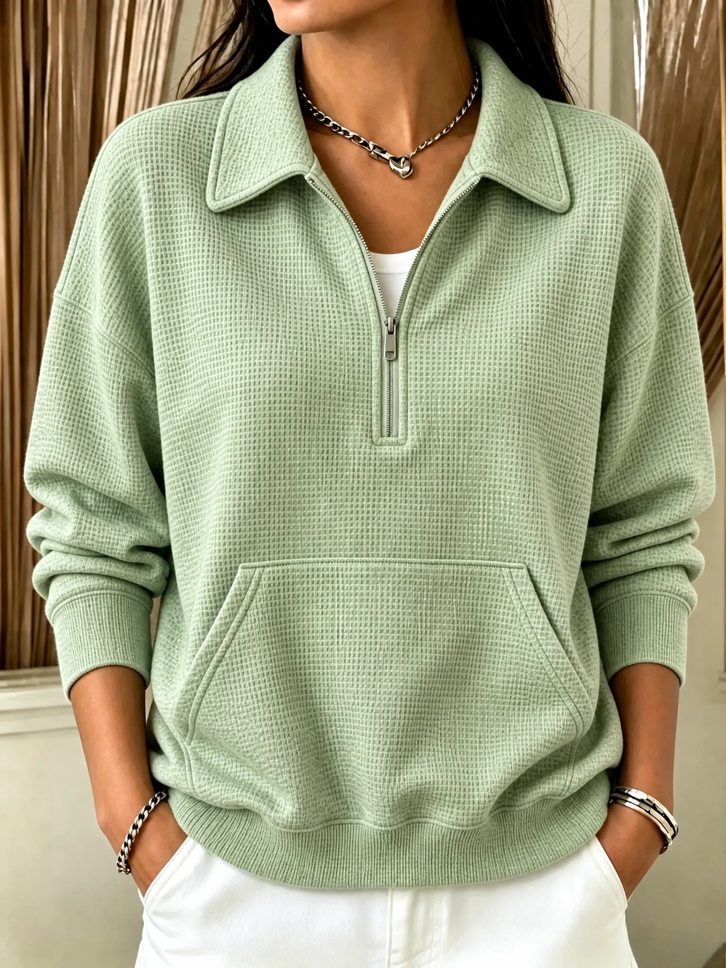 Women's Oversized Quarter Zip Waffle Pullover Sweatshirt