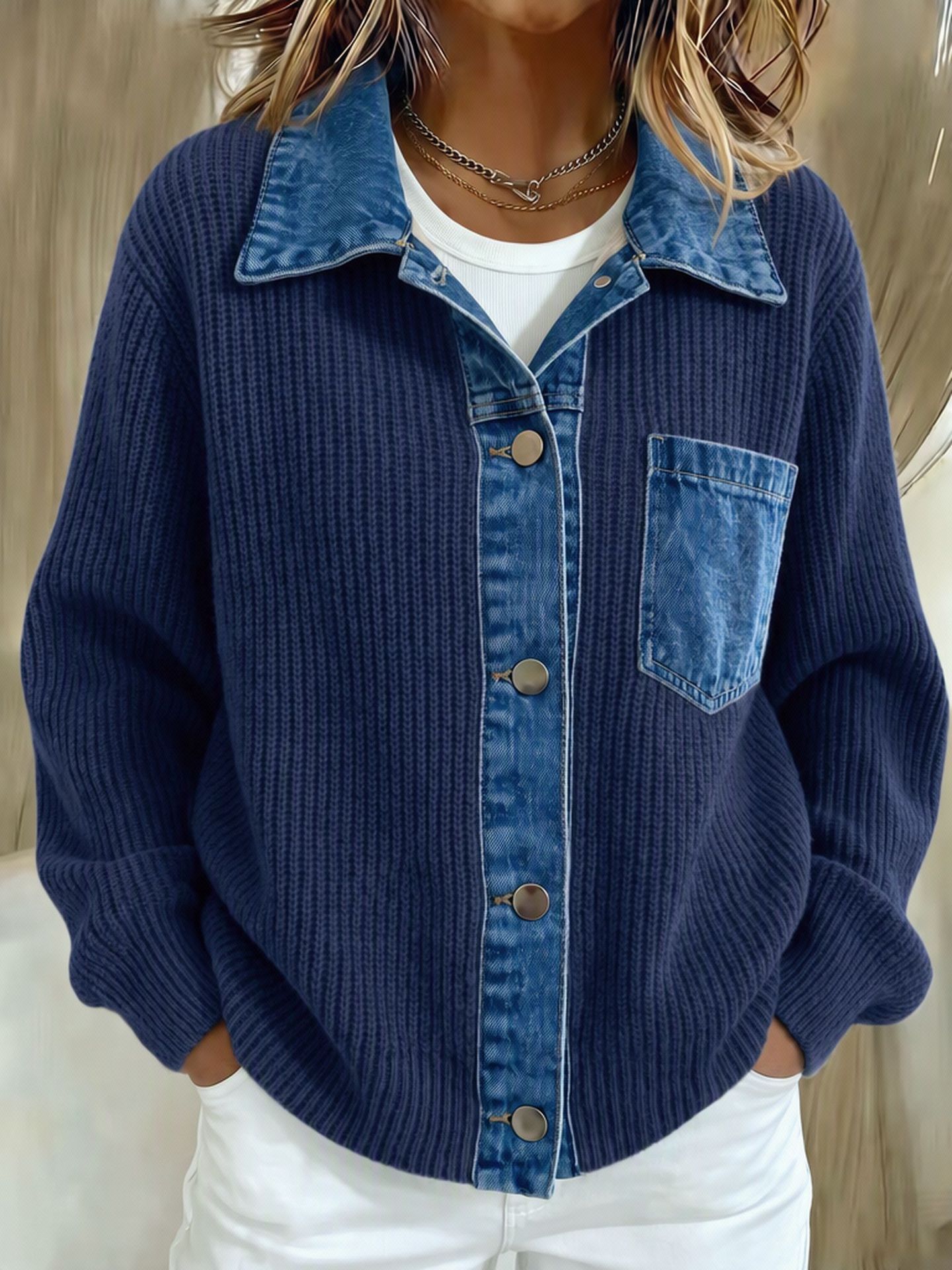 Women's Ribbed Knit Sweater With Contrast Denim Patchwork