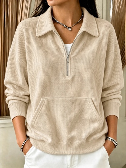 Women's Oversized Quarter Zip Waffle Pullover Sweatshirt