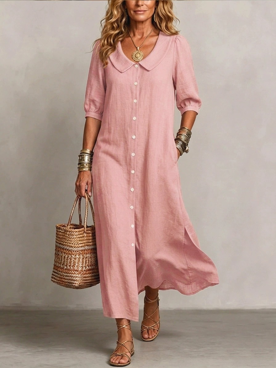 New Arrivals🔥 Women's Retro Peter Pan Collar Striped Cotton Linen Dress
