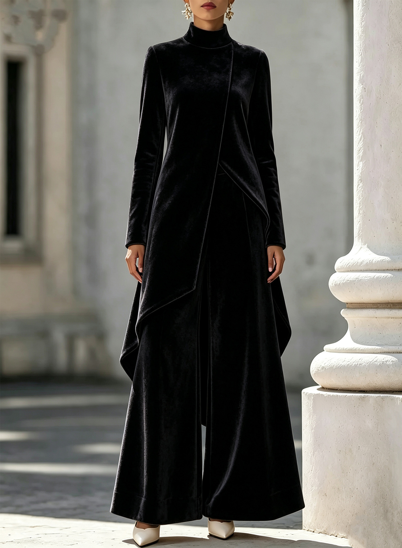 Elegant And Luxurious Velvet High-neck Top And Trousers Set