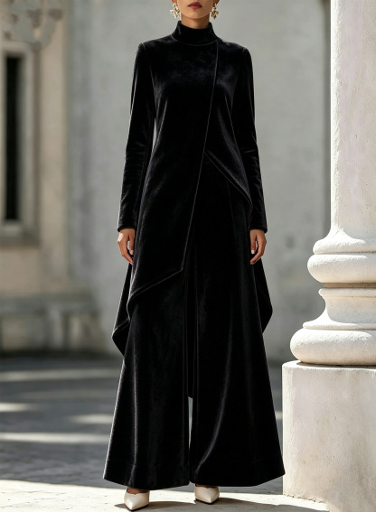 Elegant And Luxurious Velvet High-neck Top And Trousers Set