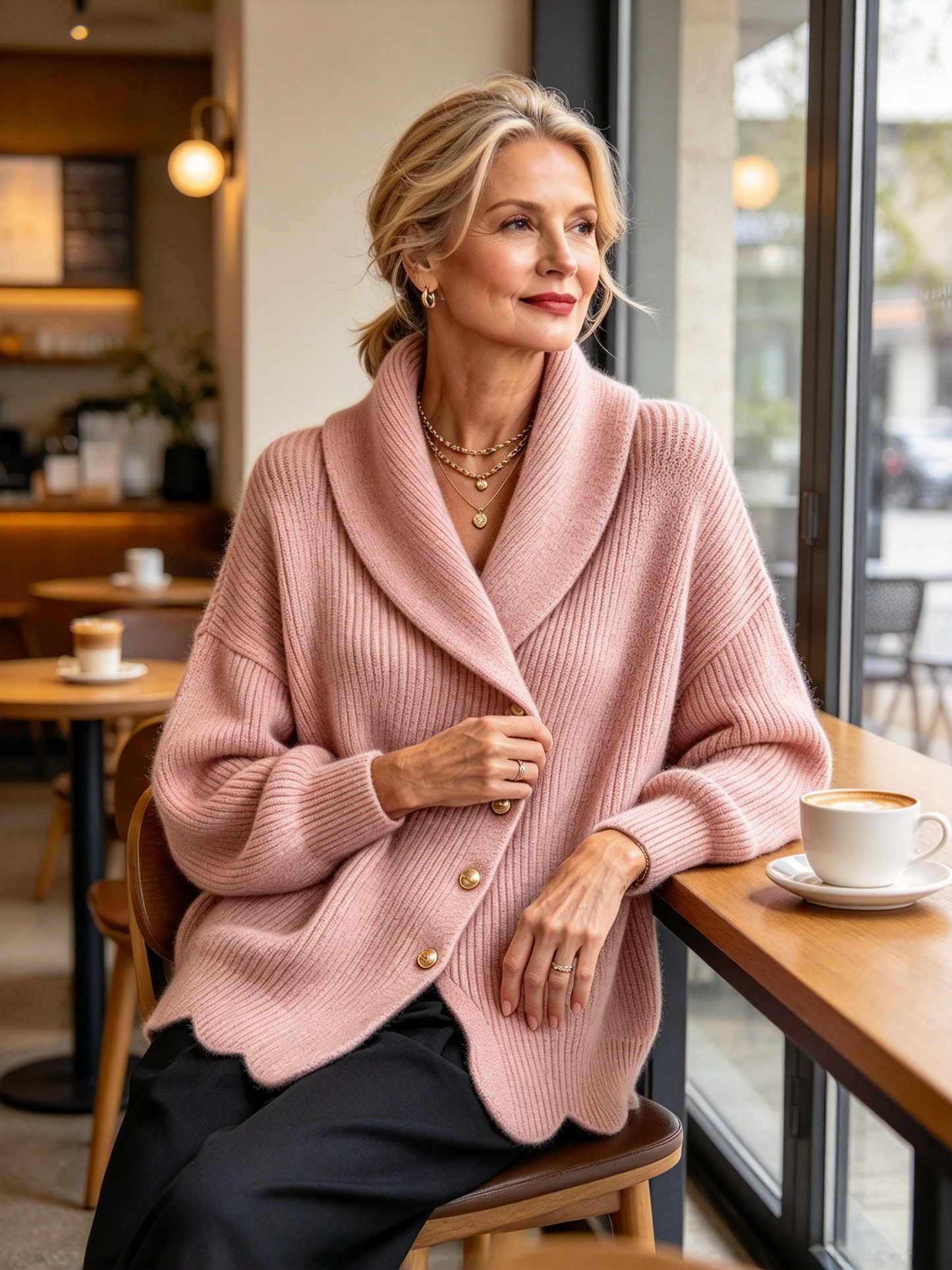 Women's Asymmetric Shawl Collar Knit Cardigan - Loose Gold Button Ribbed Sweater Jacket