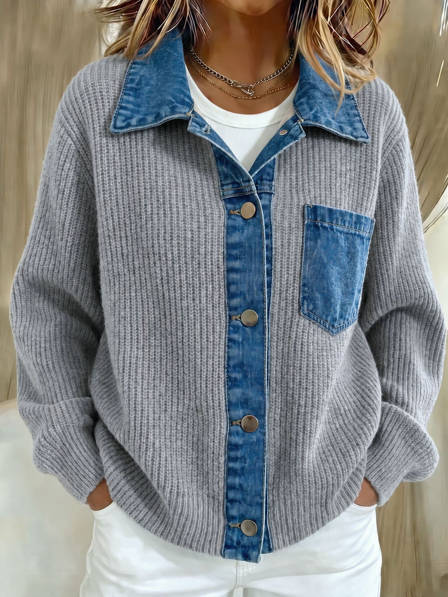 Women's Ribbed Knit Sweater With Contrast Denim Patchwork