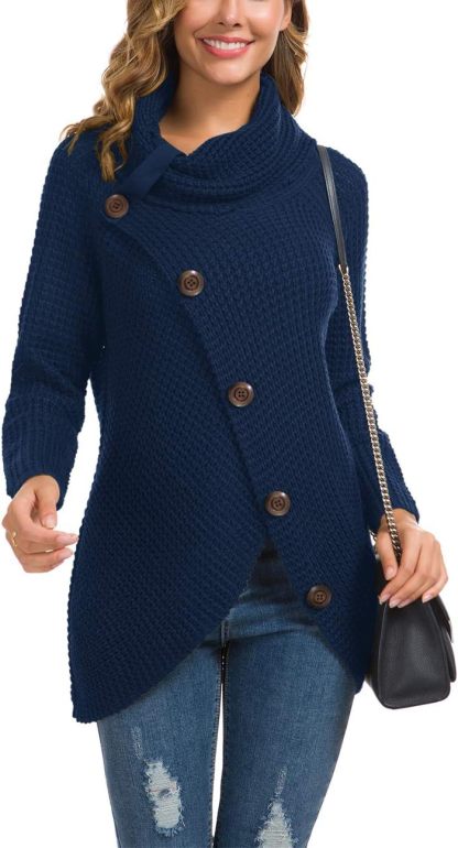 Women's Chunky Turtleneck Long Sleeve Asymmetric Hem Loose Knit Pullover Sweaters