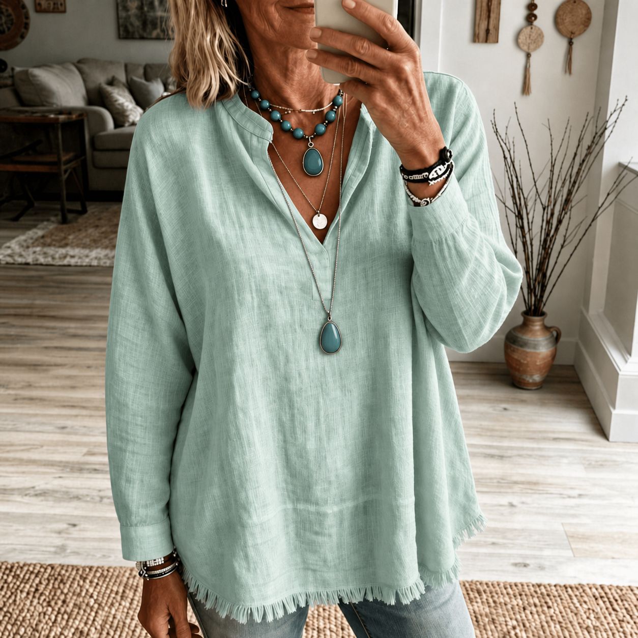 Olive | Relaxed V-Neck Tunic Blouse