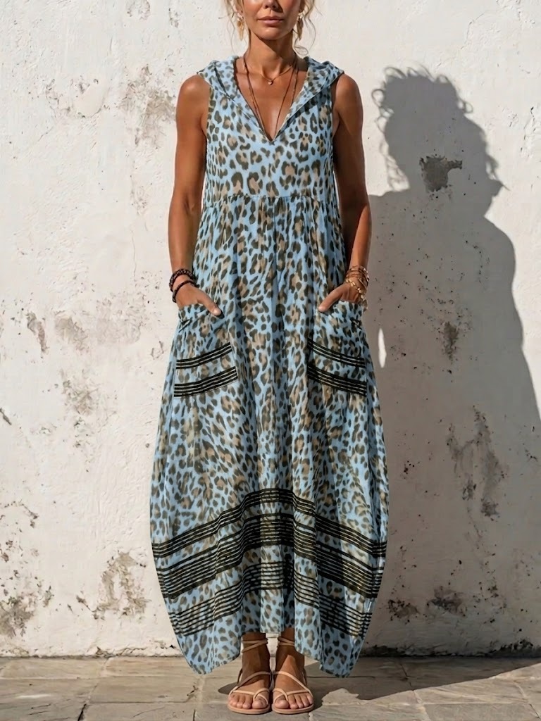 Stylish Casual Leopard-print Hooded Sleeveless Dress