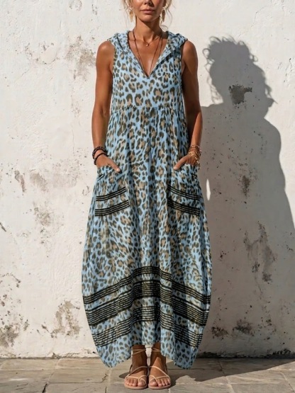 Stylish Casual Leopard-print Hooded Sleeveless Dress