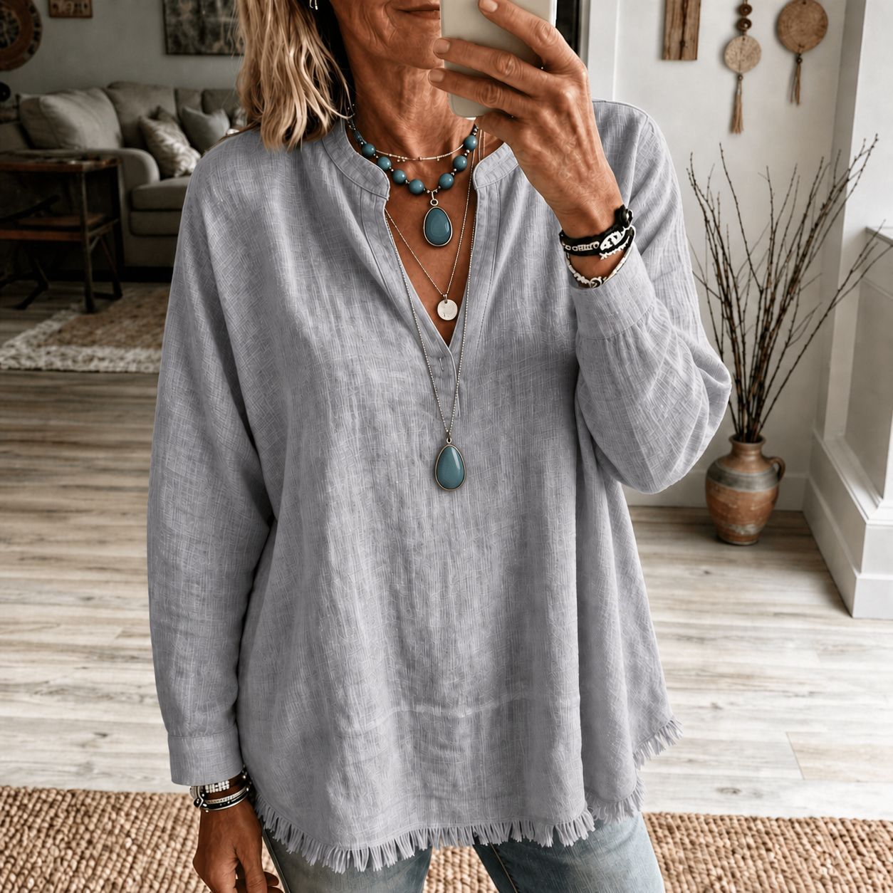 Olive | Relaxed V-Neck Tunic Blouse
