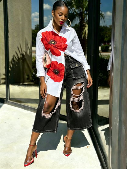 50% OFF Casual Floral  Print Shirt and Distressed Denim Pants Set
