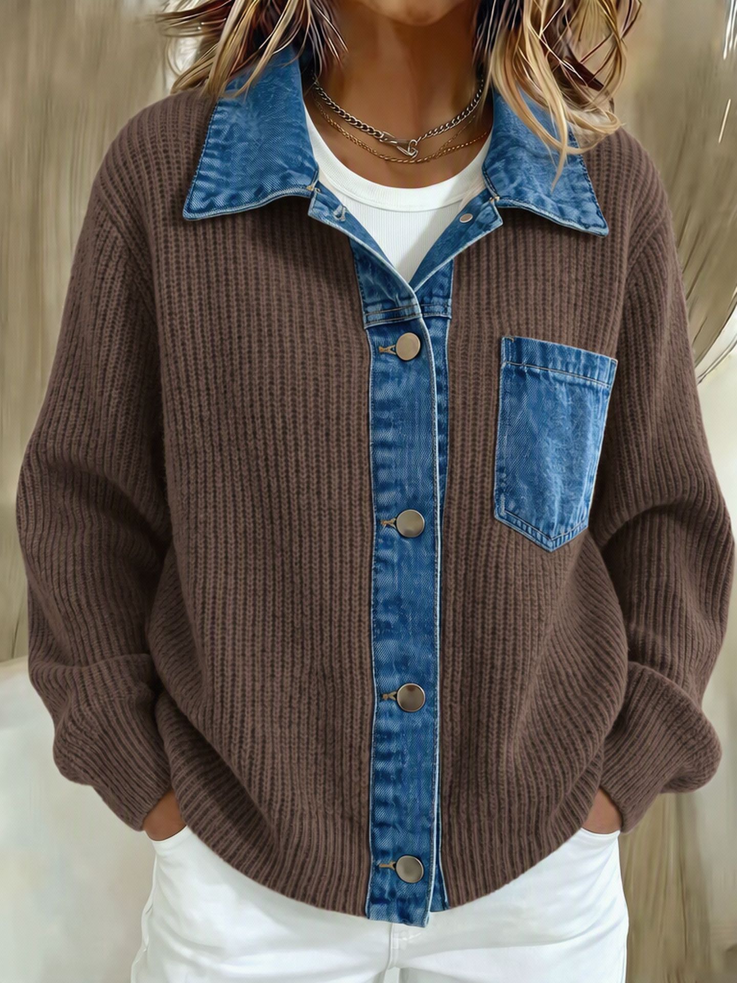 Women's Ribbed Knit Sweater With Contrast Denim Patchwork