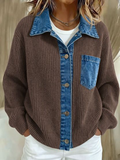 Women's Ribbed Knit Sweater With Contrast Denim Patchwork