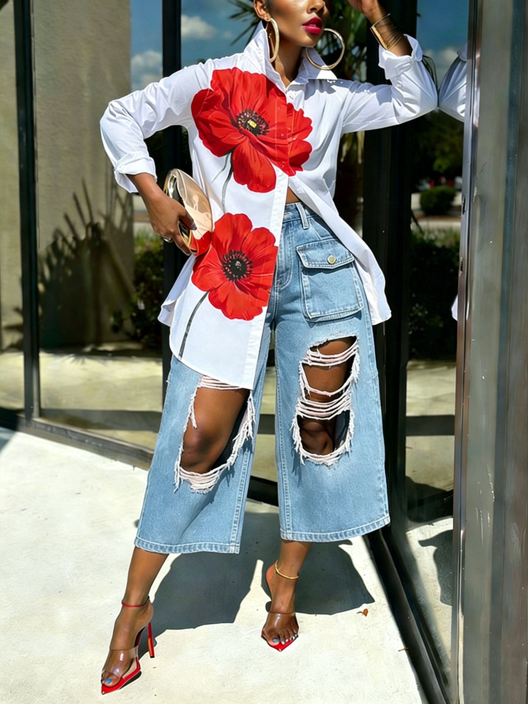 50% OFF Casual Floral  Print Shirt and Distressed Denim Pants Set