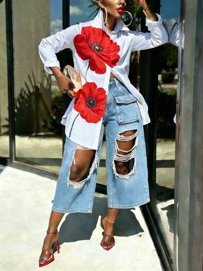 50% OFF Casual Floral  Print Shirt and Distressed Denim Pants Set