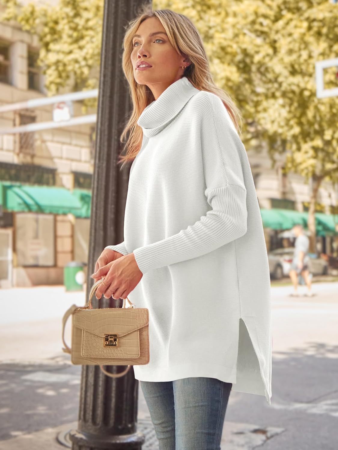 Women's Turtleneck Oversized Sweaters Long Batwing Sleeve Spilt Hem Tunic Pullover Knit Tops