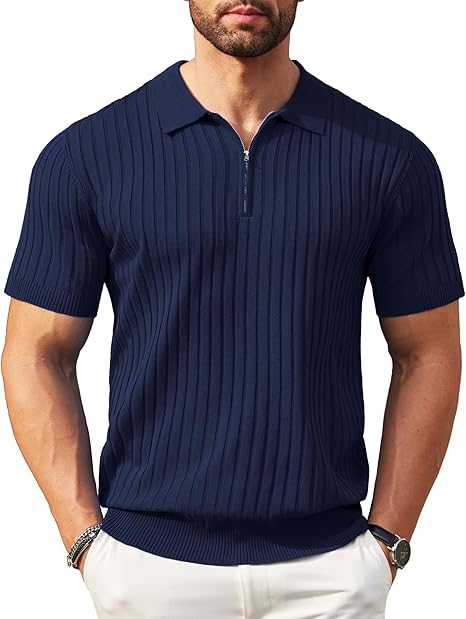 Men's Zipper Short Sleeve Ribbed Knit Polo T Shirts Golf Shirts