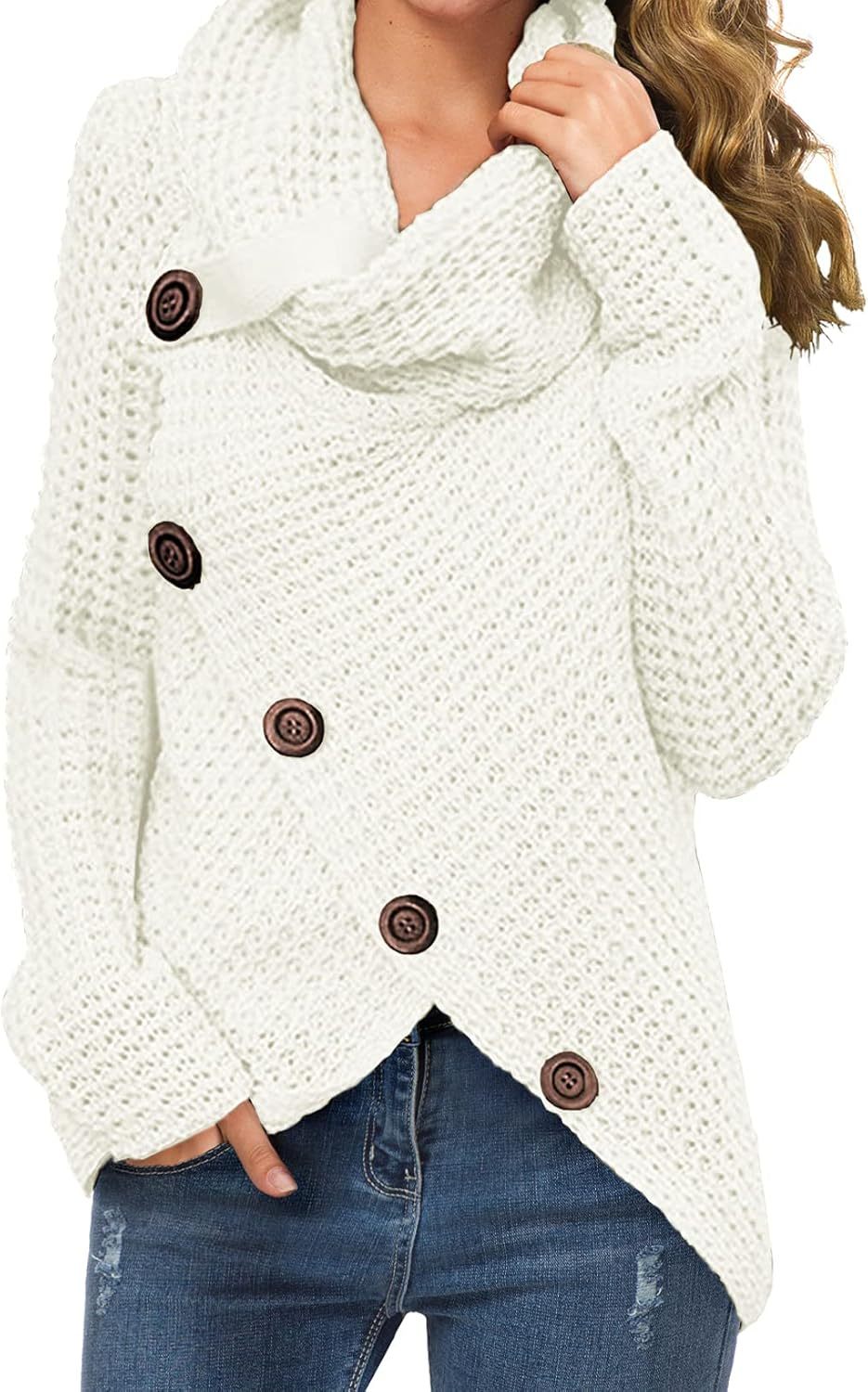 Women's Chunky Turtleneck Long Sleeve Asymmetric Hem Loose Knit Pullover Sweaters