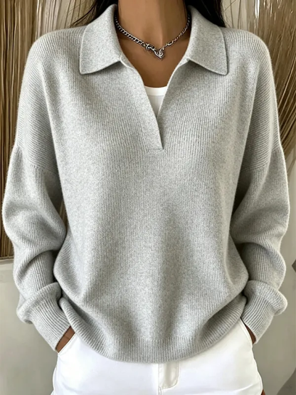 Casual Loose Polo Neck Sweater Elegant Solid Ribbed Knit Pullover