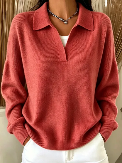Casual Loose Polo Neck Sweater Elegant Solid Ribbed Knit Pullover