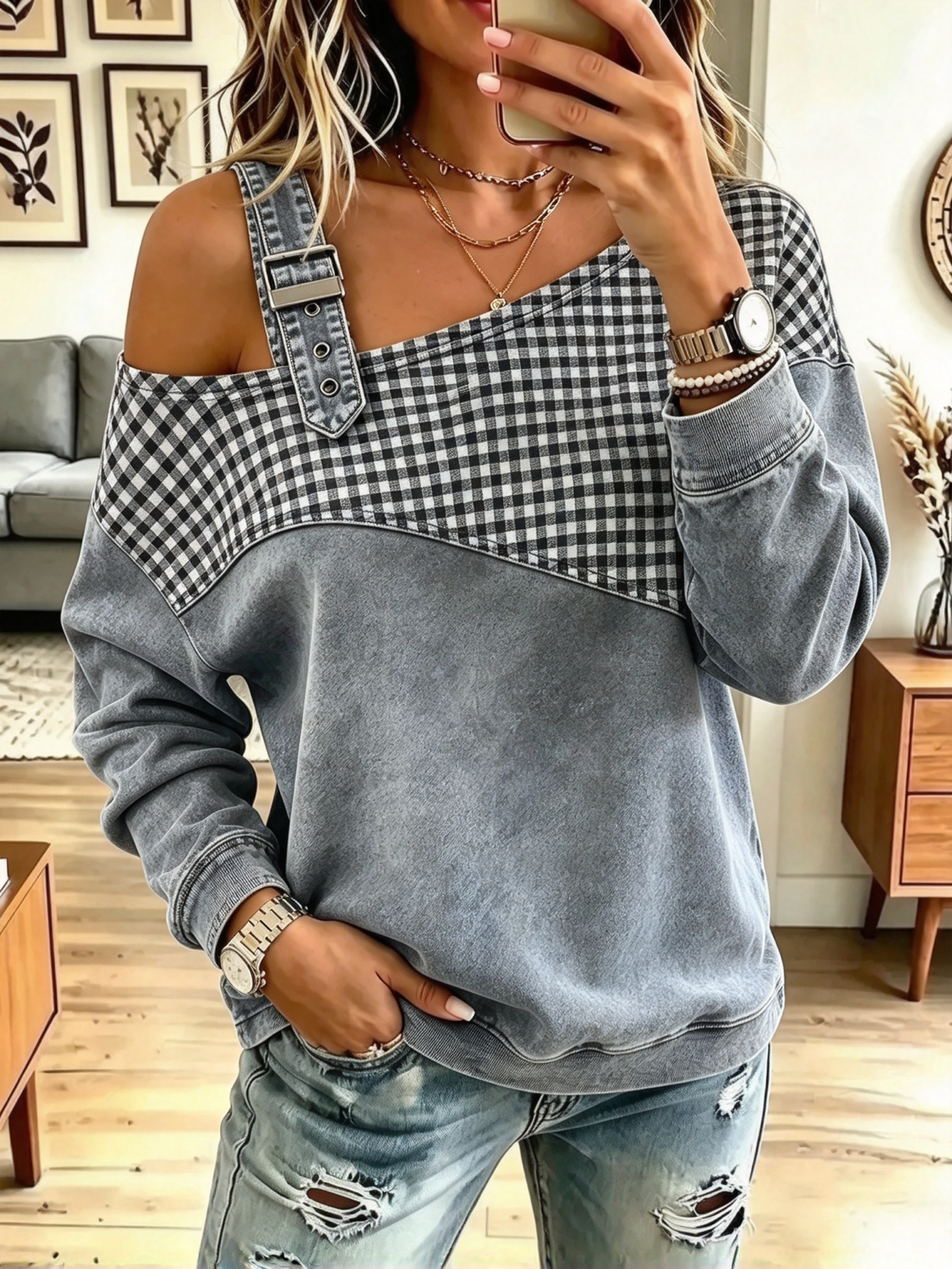 Vintage Plaid Pattern Denim Patchwork Art Casual Stylish Long Sleeve Top