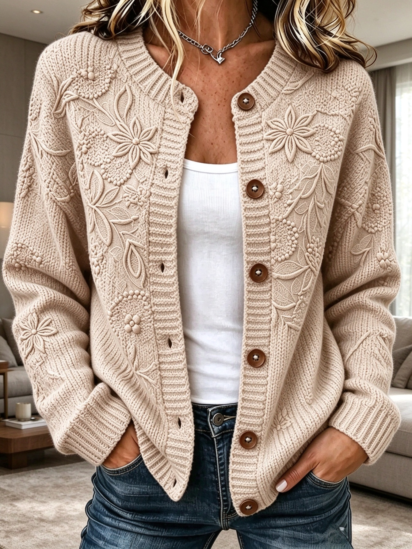 Women Floral Long Sleeve Crew Neck Casual Spring/Fall Cardigan Outerwear