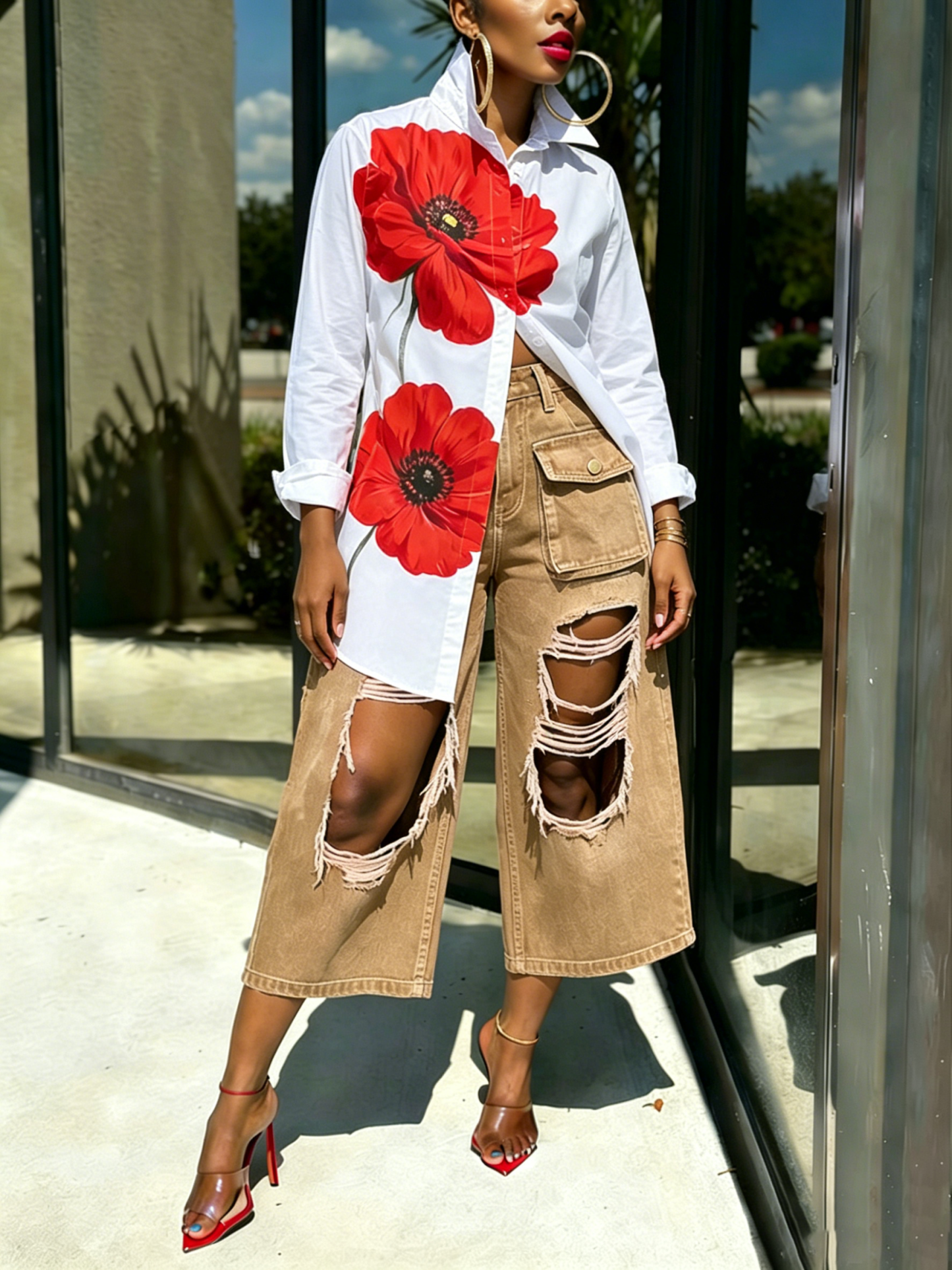 50% OFF Casual Floral  Print Shirt and Distressed Denim Pants Set