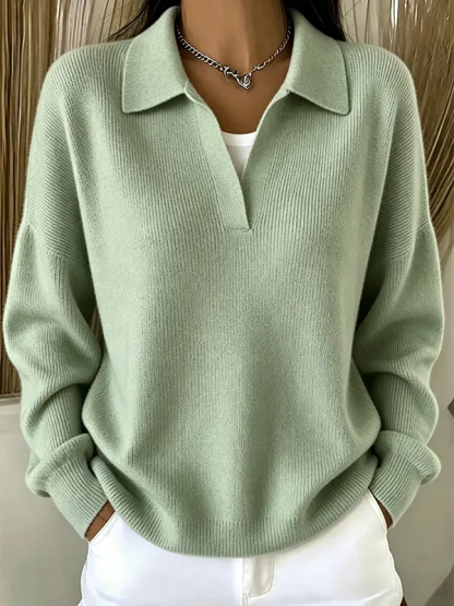 Casual Loose Polo Neck Sweater Elegant Solid Ribbed Knit Pullover