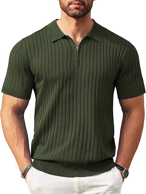 Men's Zipper Short Sleeve Ribbed Knit Polo T Shirts Golf Shirts