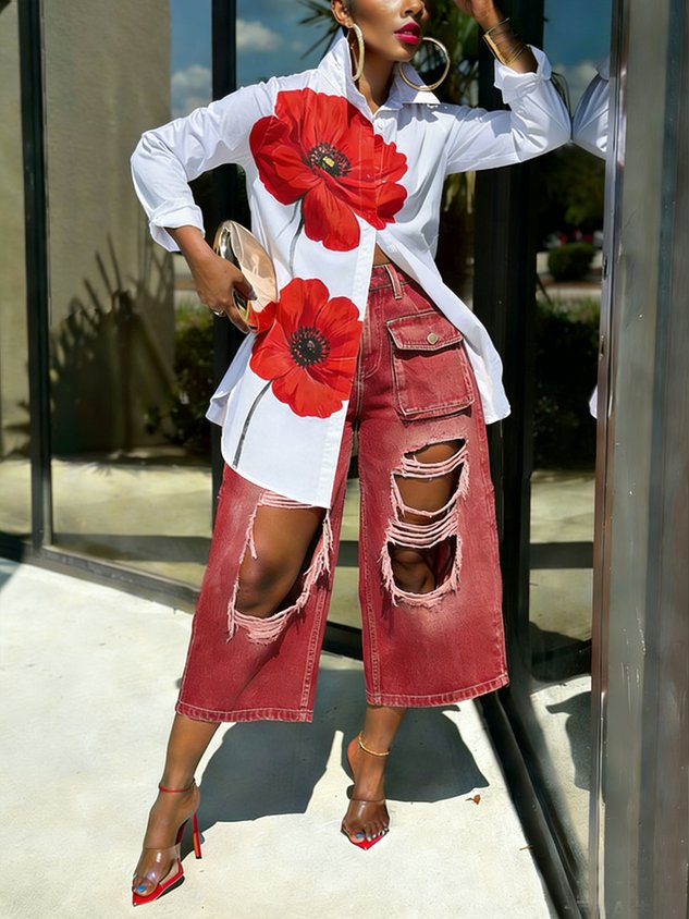 50% OFF Casual Floral  Print Shirt and Distressed Denim Pants Set