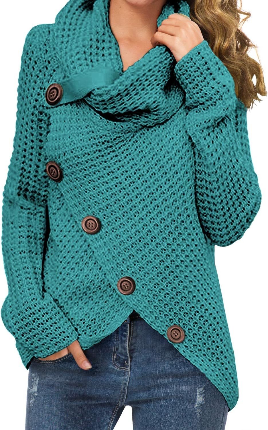 Women's Chunky Turtleneck Long Sleeve Asymmetric Hem Loose Knit Pullover Sweaters