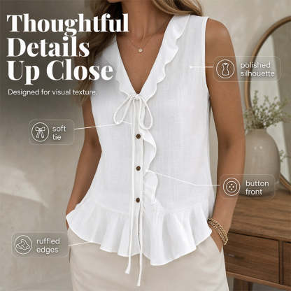 Women's Sleeveless Ruffle Trim V-Neck Top
