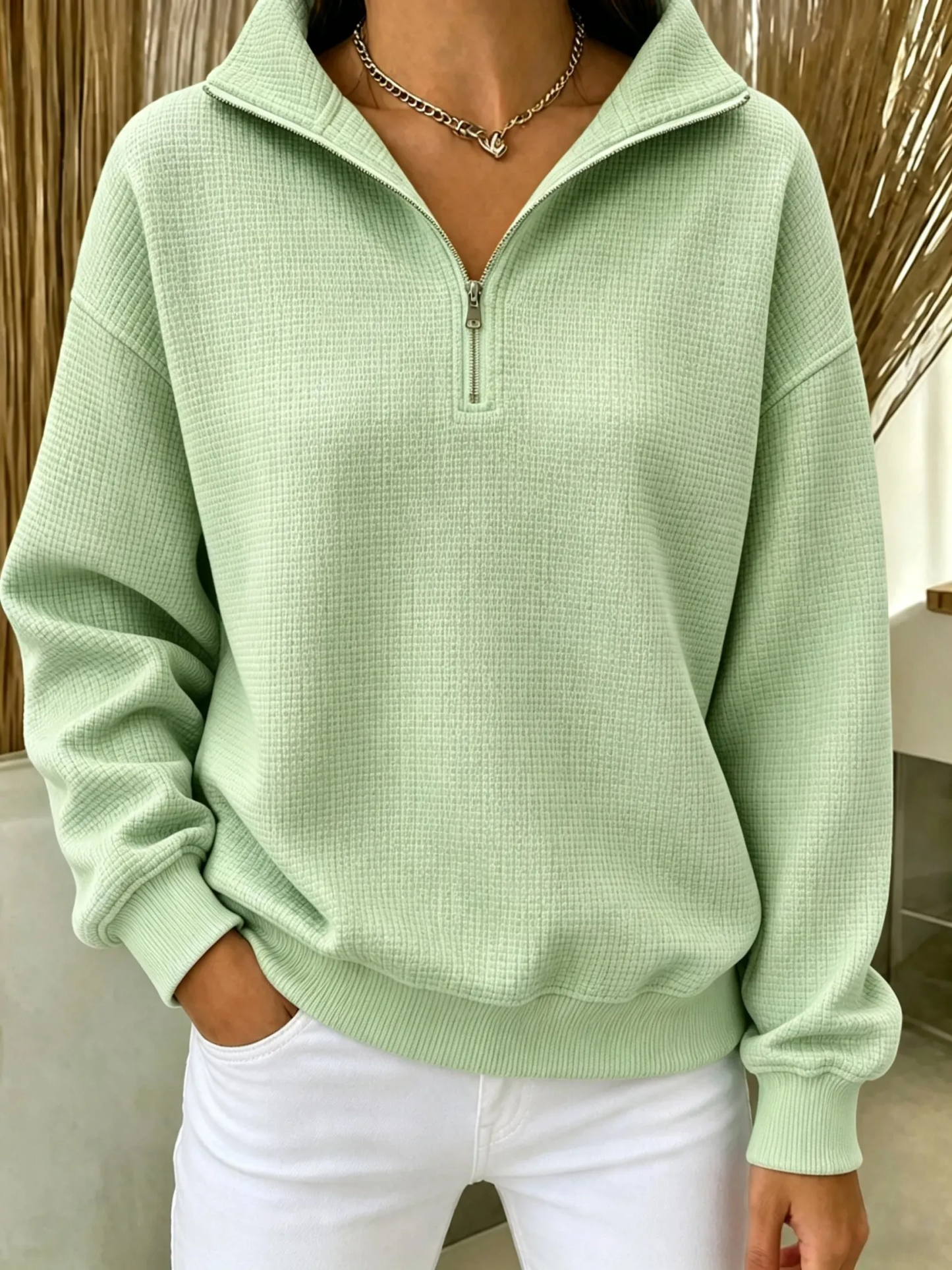 Casual Waffle Textured Quarter Zip Sweatshirt Loose Fit Pullover
