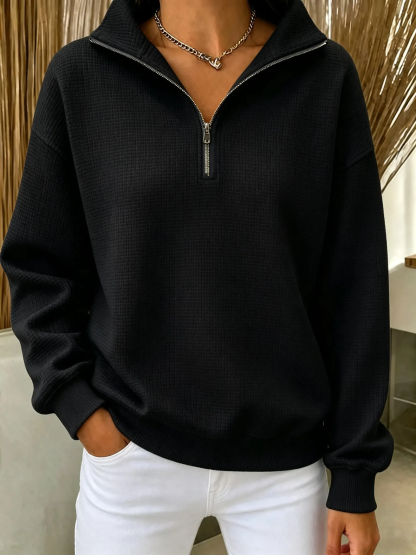 Casual Waffle Textured Quarter Zip Sweatshirt Loose Fit Pullover