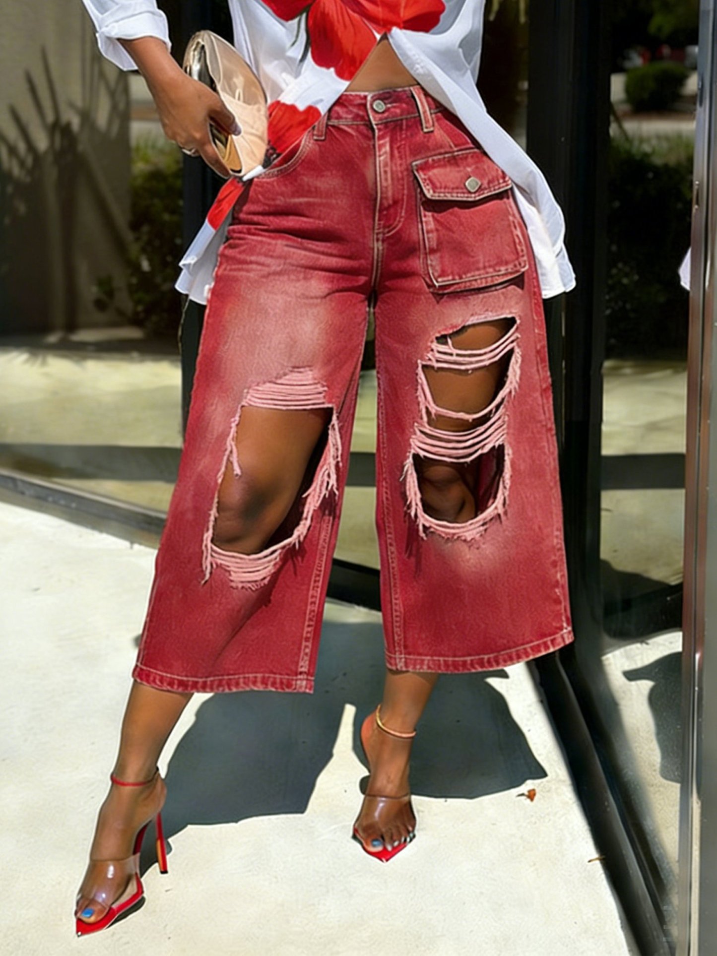 50% OFF Casual Floral Print Shirt and Distressed Denim Pants Set