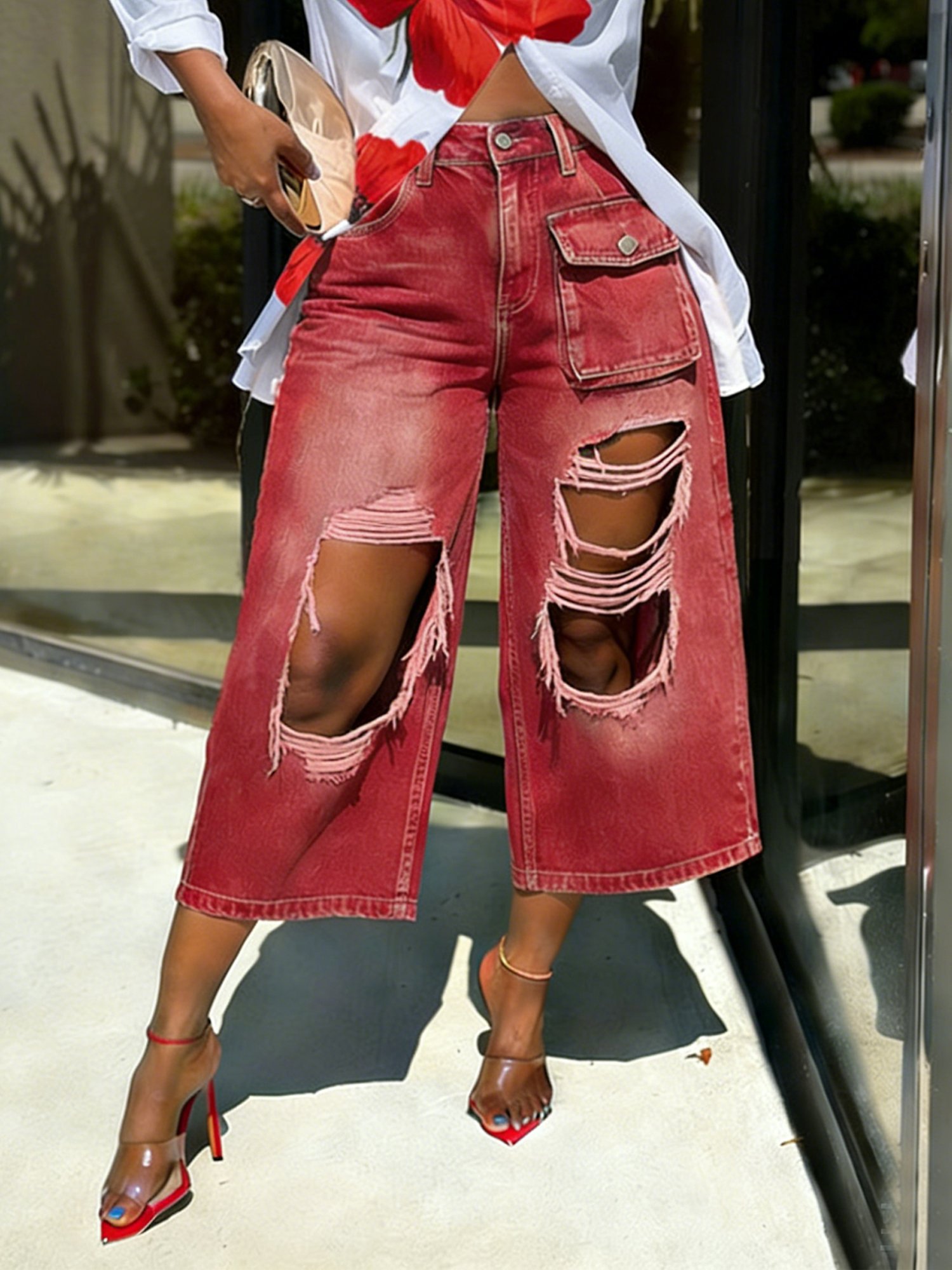 50% OFF Casual Floral Print Shirt and Distressed Denim Pants Set