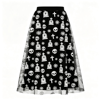 Polyester Women's High-waisted Casual Loose Halloween-themed Flocked Print Mesh A-line Skirt