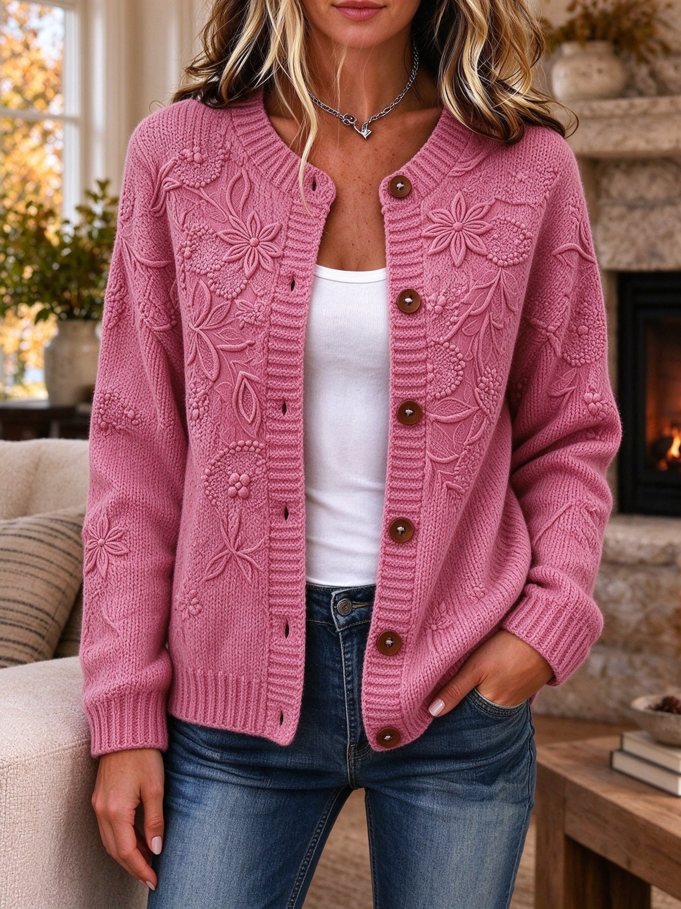 Women Floral Long Sleeve Crew Neck Casual Spring/Fall Cardigan Outerwear