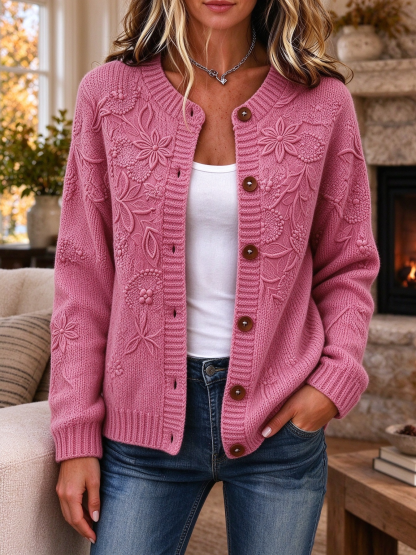 Women Floral Long Sleeve Crew Neck Casual Spring/Fall Cardigan Outerwear