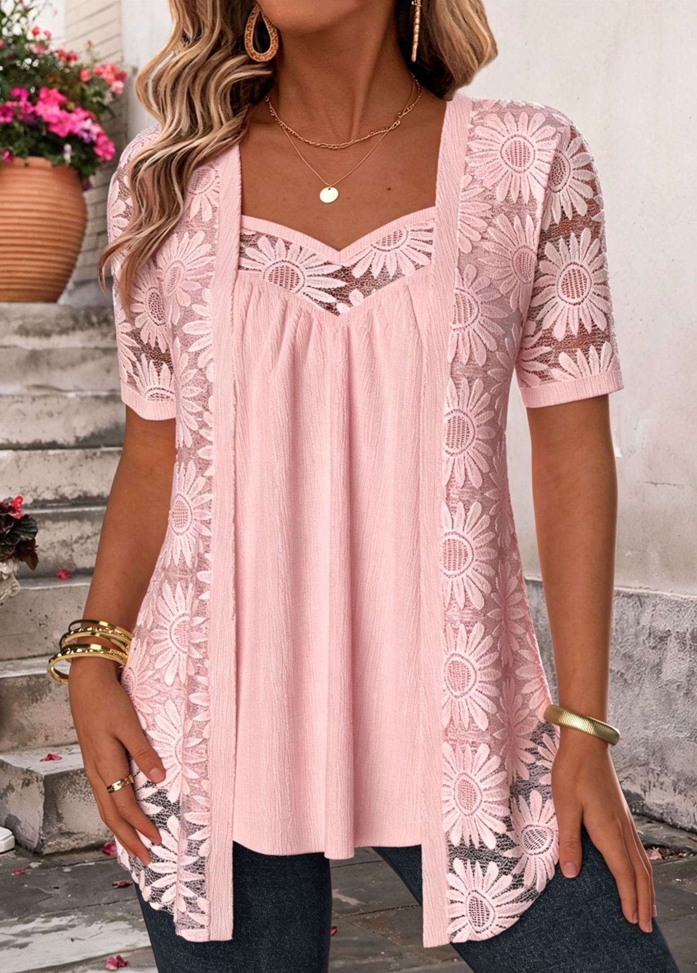 Fashionable patterned lace mesh hollow lace faux two-piece set