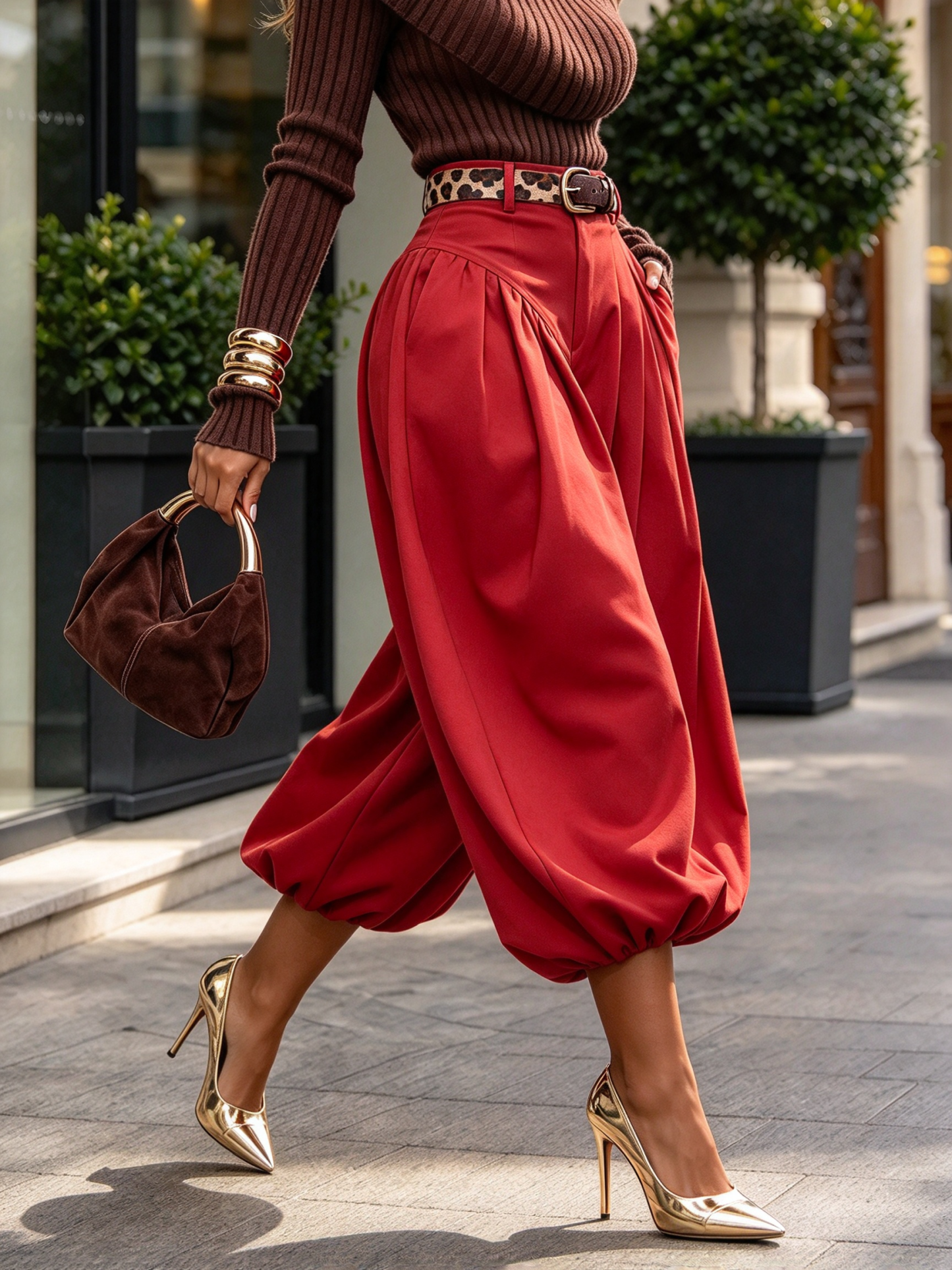 Chic Street Style Vibrant Yellow Elastic Waist Trousers