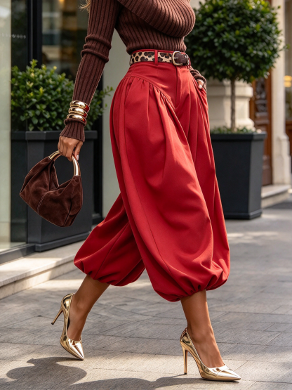 Chic Street Style Vibrant Yellow Elastic Waist Trousers