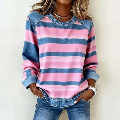 Women's Long Sleeve T-Shirt, Dual-Color Striped Print Pattern Design, Casual Wear For Autumn