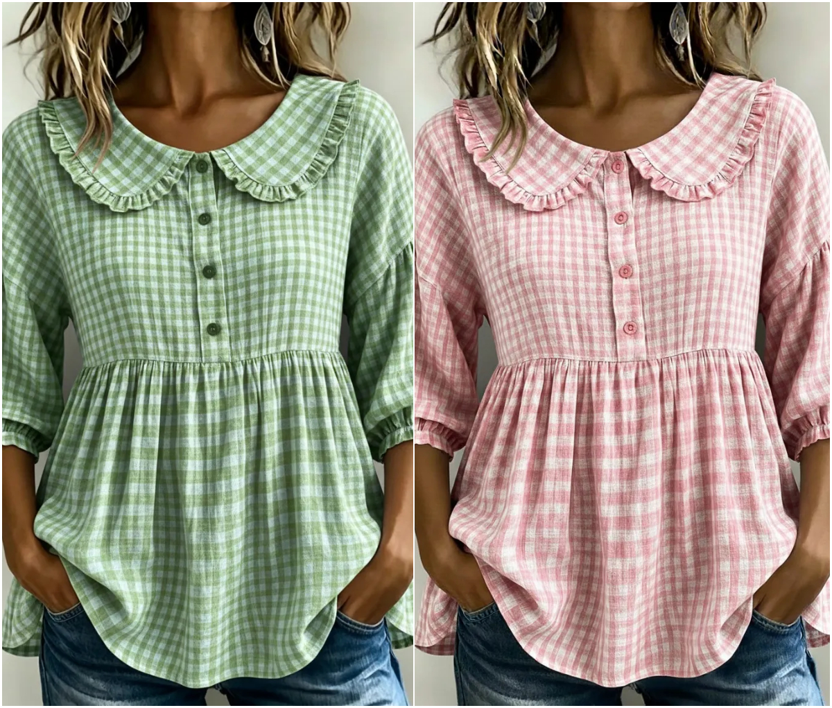 New Arrivals🔥Women's Gingham Puff Sleeve Peplum Blouse