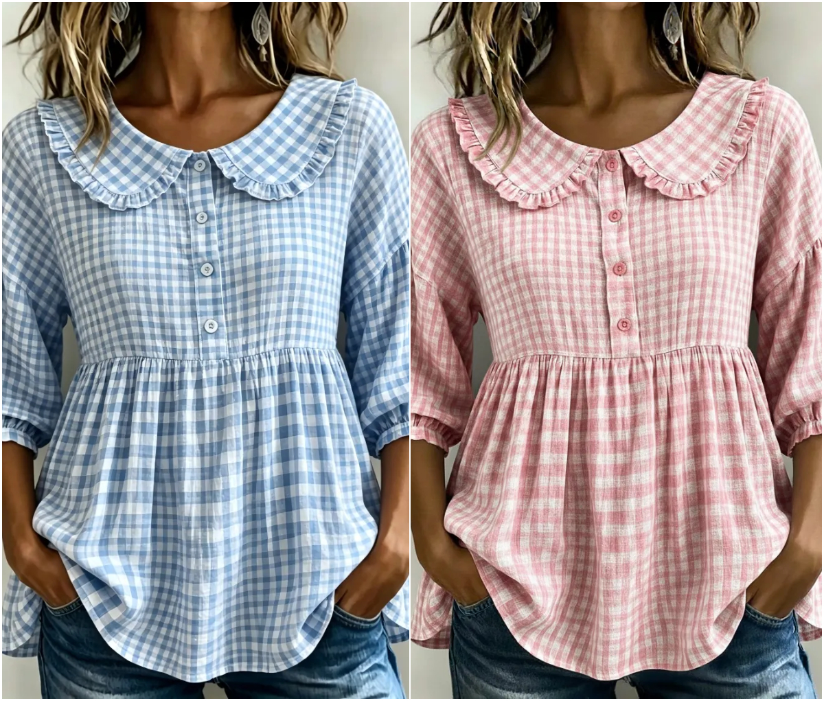 New Arrivals🔥Women's Gingham Puff Sleeve Peplum Blouse