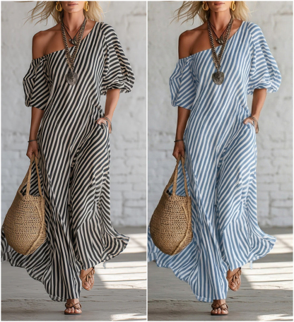 Elegant And Classic Striped Off-shoulder Maxi Dress