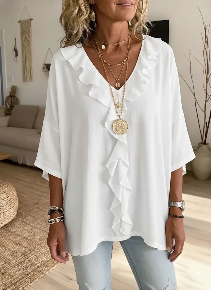 Women's Solid-color Ruffled V-neck 3/4-sleeve Casual Loose Cotton-linen Top