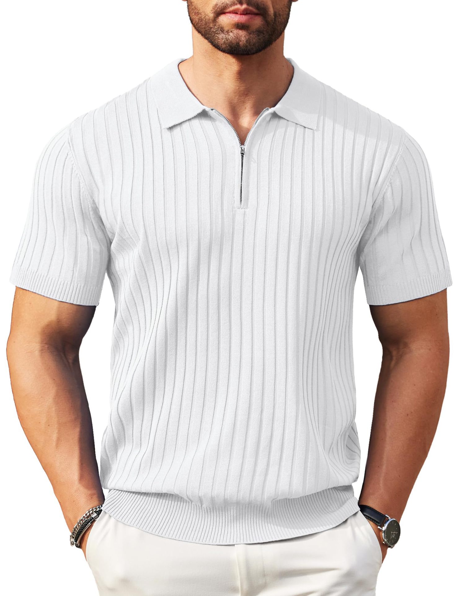 Men's Zipper Short Sleeve Ribbed Knit Polo T Shirts Golf Shirts