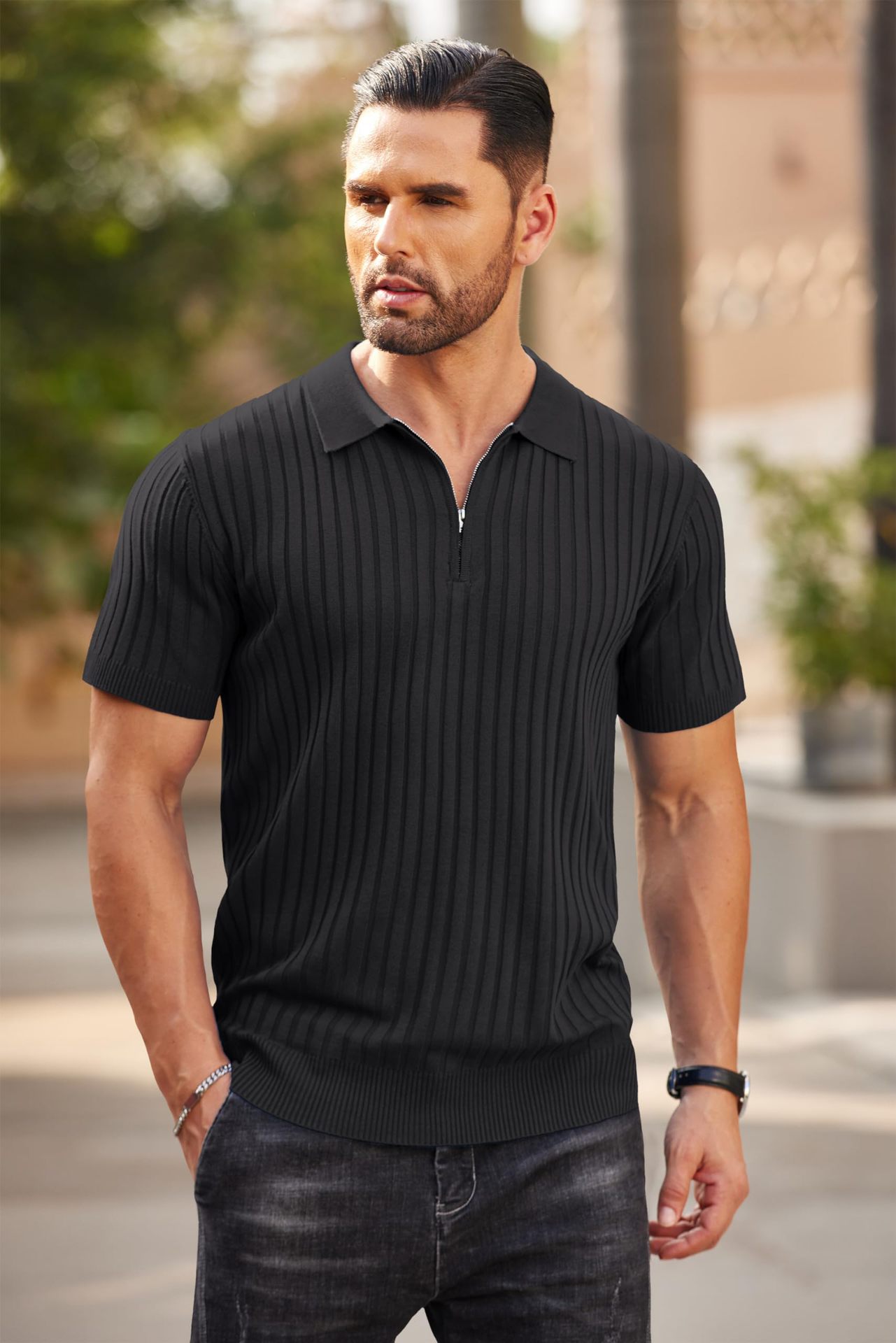 Men's Zipper Short Sleeve Ribbed Knit Polo T Shirts Golf Shirts