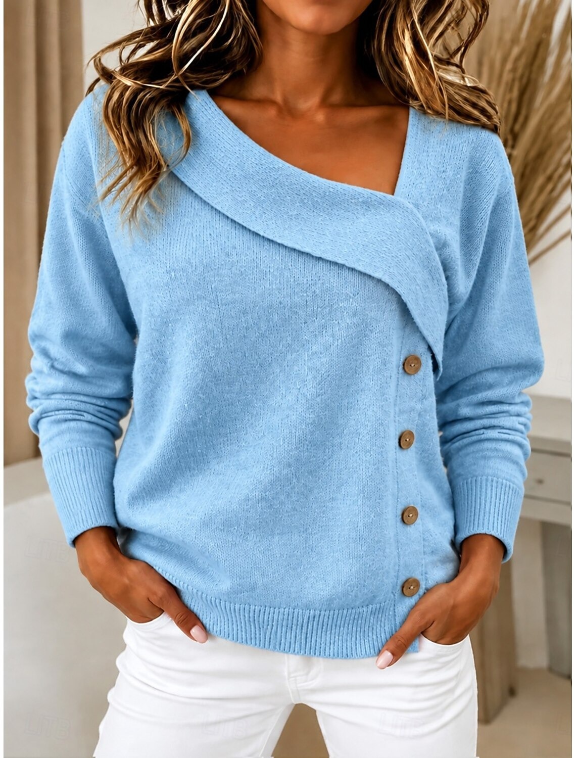 Women Lavender Asymmetric Off Shoulder Button Decor Knit Sweater
