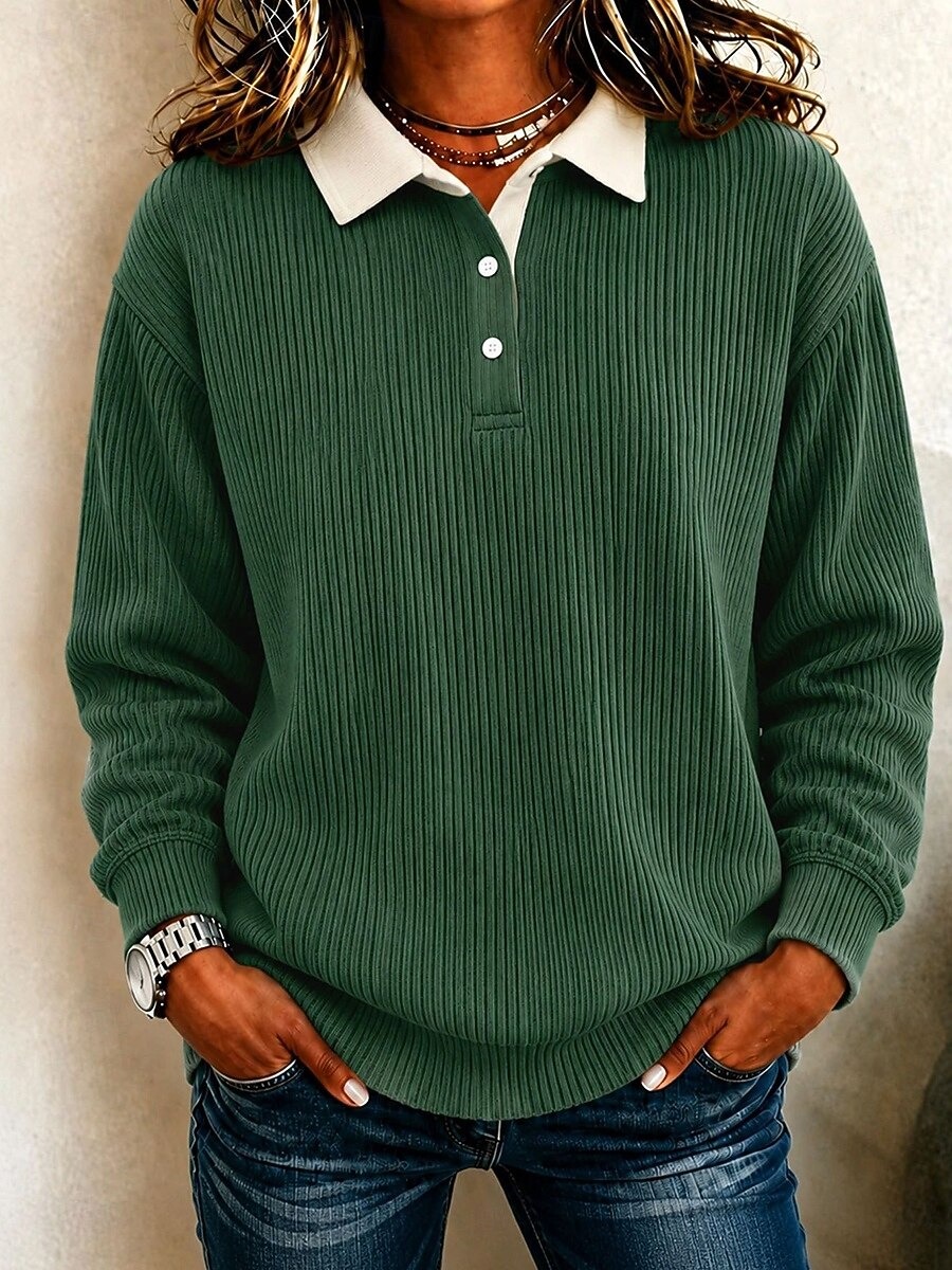 Women's Corduroy Texture Patchwork Polo Sweatshirt - Casual Contrast Collar Long Sleeve Pullover Tops